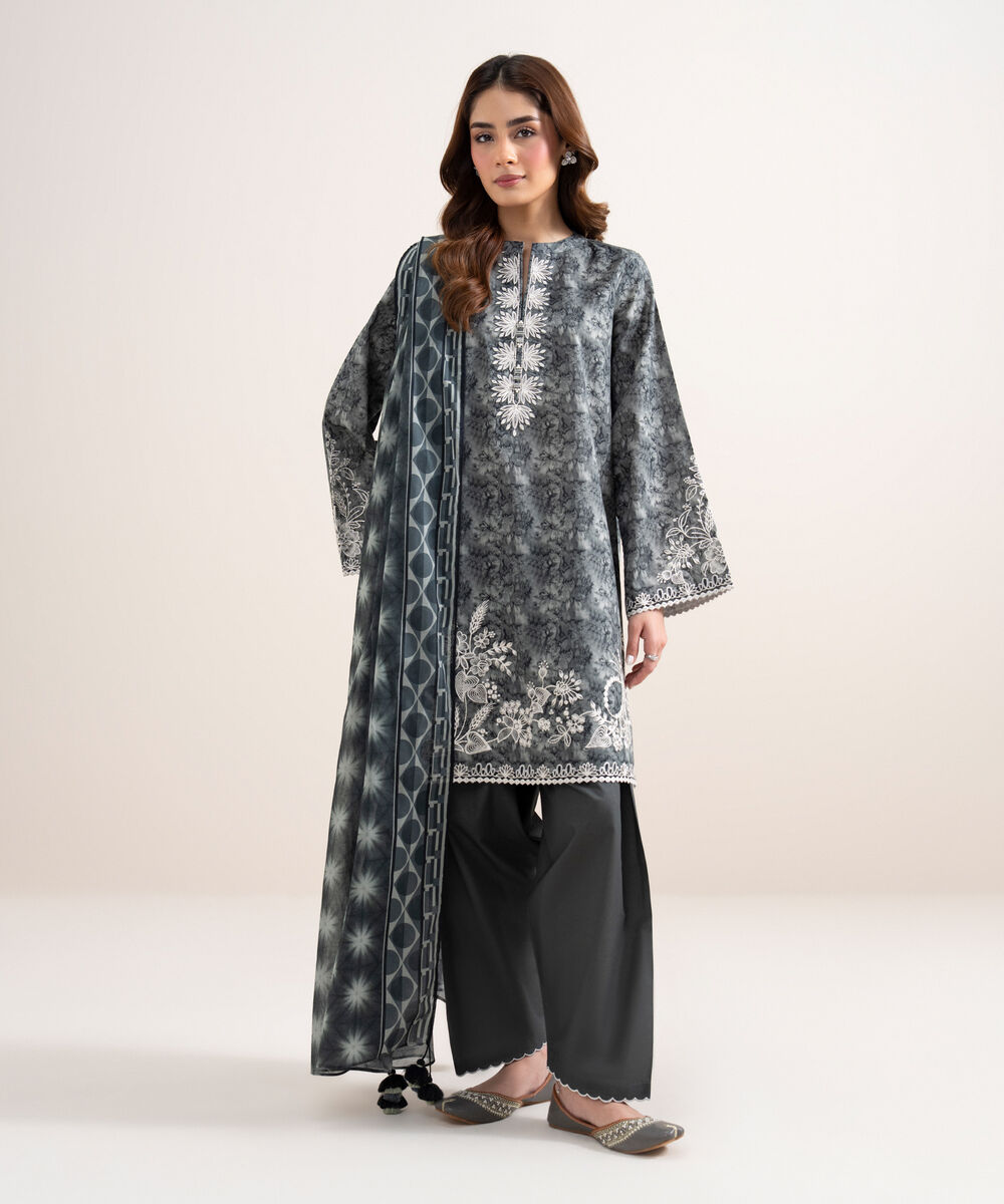 Women's Unstitched Lawn Embroidered Grey 3 Piece Suit