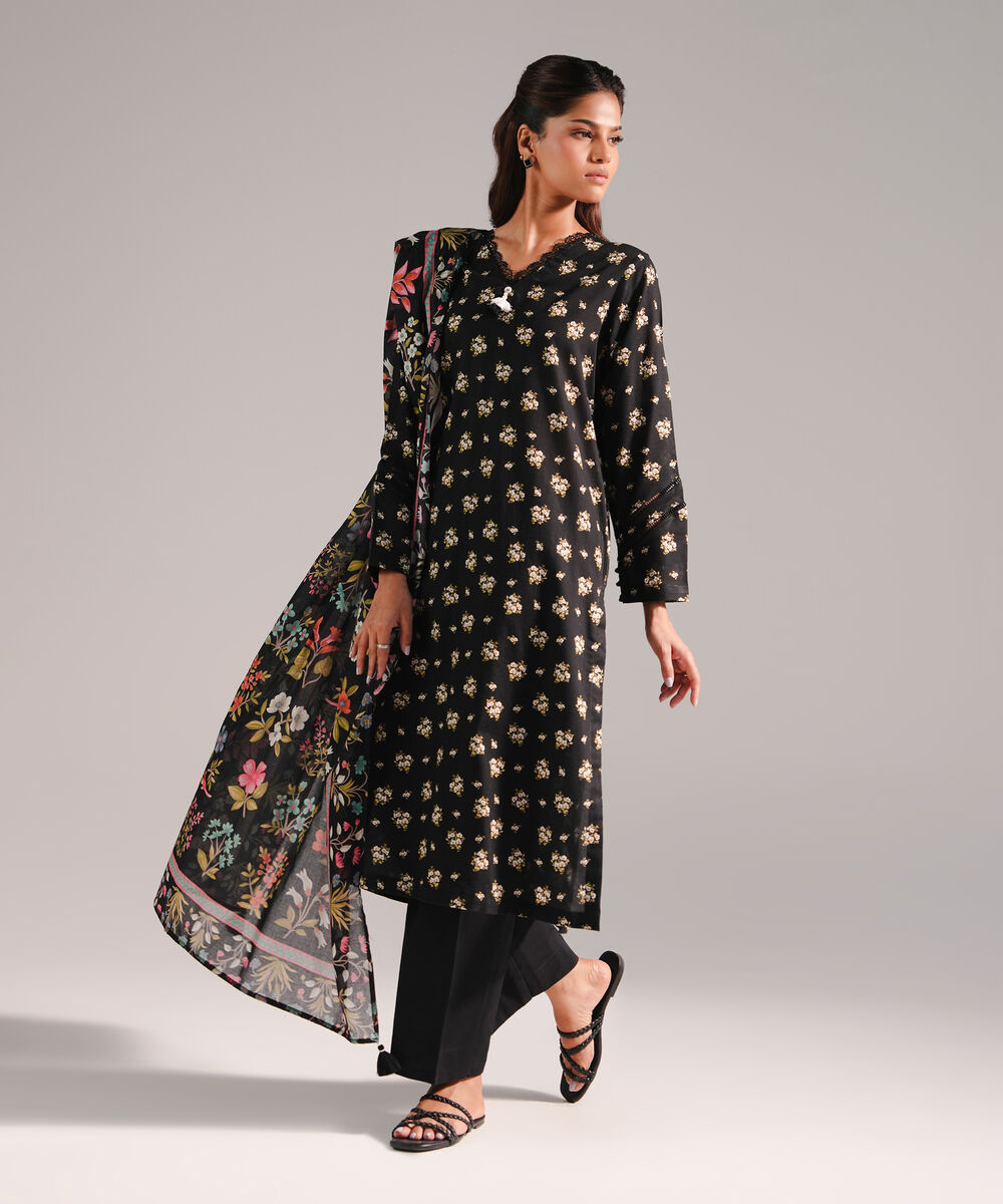 Women's RTW Dobby Printed Black 2 Piece Suit