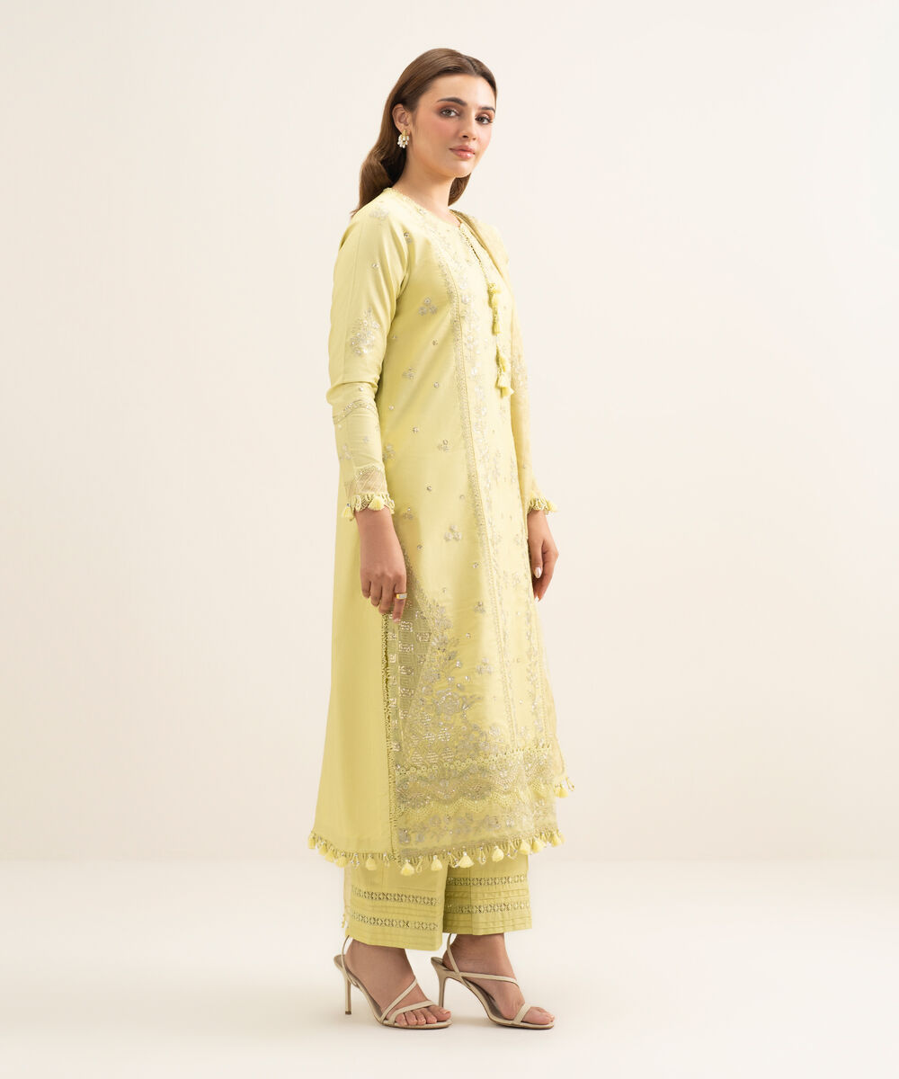 Women's Unstitched Fine Cotton Satin Embroidered Yellow 3 Piece Suit