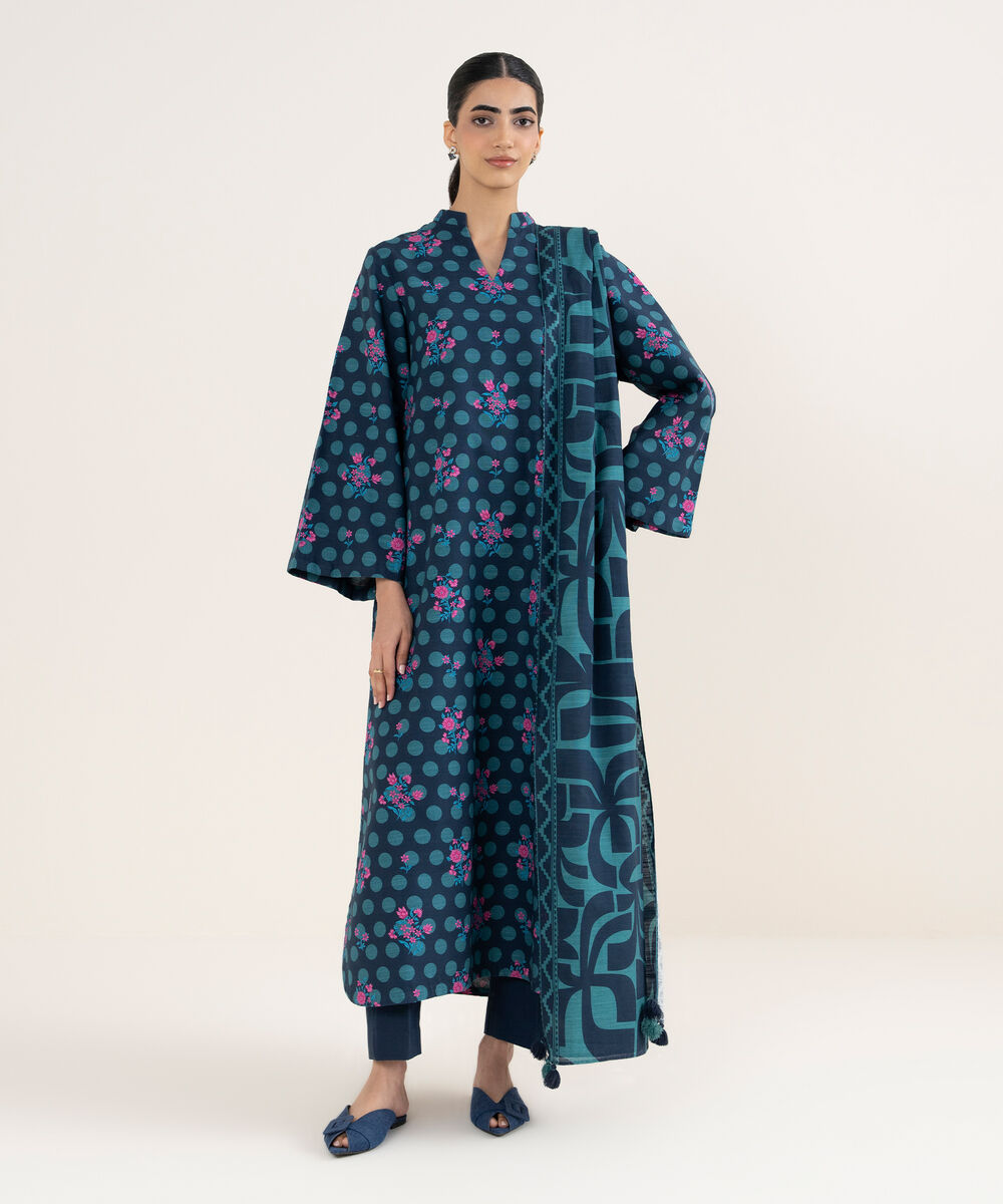 Women's Unstitched Printed Khaddar Mid Night Blue and Teal 3 Piece Suit