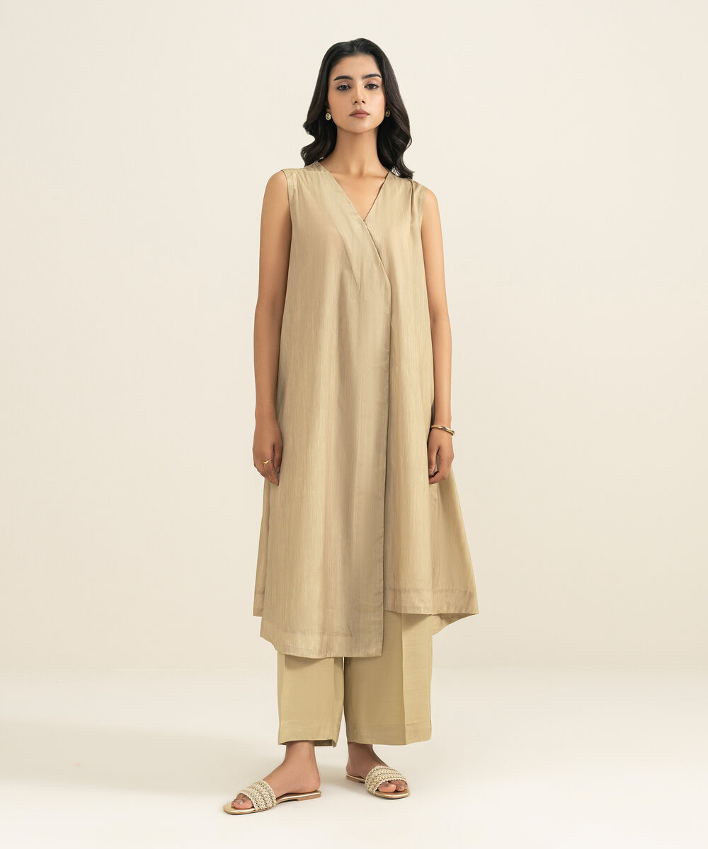 Women's RTW Blended Grip Silk Printed Beige 2 Piece Suit