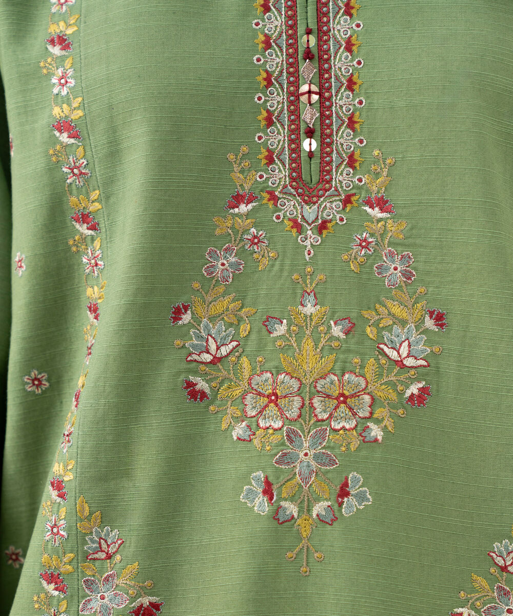 Women's Unstitched Light Khaddar Embroidered Green 3 Piece Suit