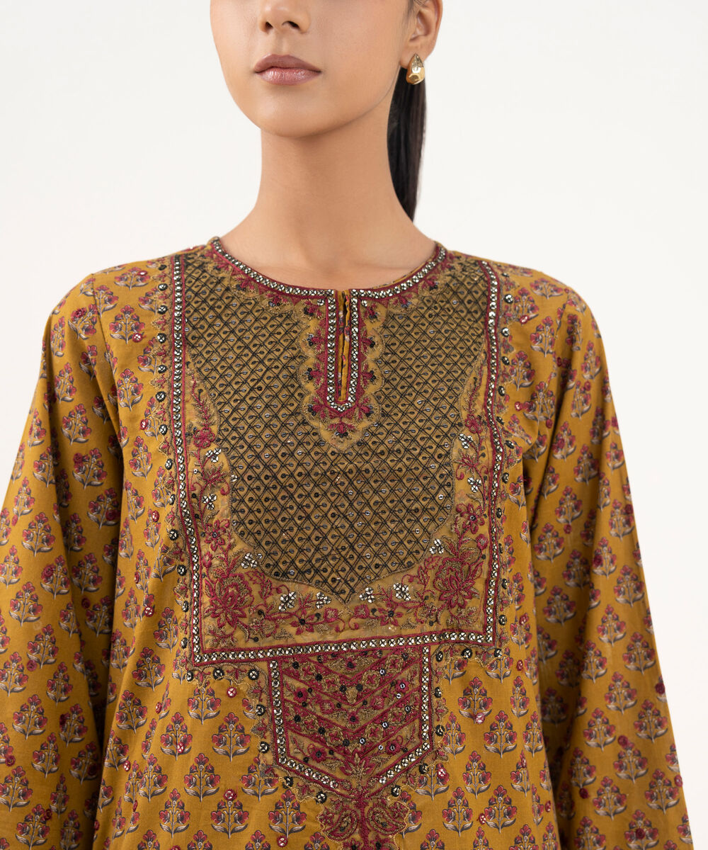 Women's RTW Textured Lawn Mustard Embroidered A-Line Shirt