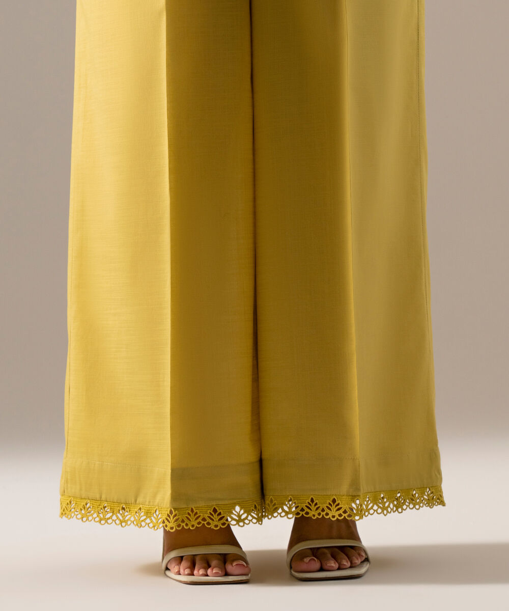 Women's RTW Cross Hatch Solid Pale Yellow Flared Pants