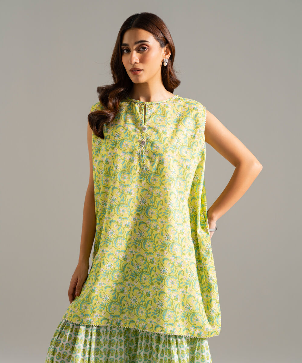 Women's RTW Slub Lawn Printed Green Straight Shirt