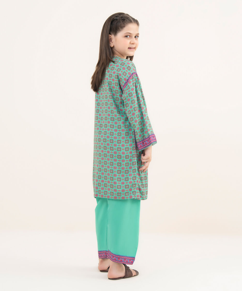 Girl's RTW Arabic Lawn Teal Printed 2 Piece Suit