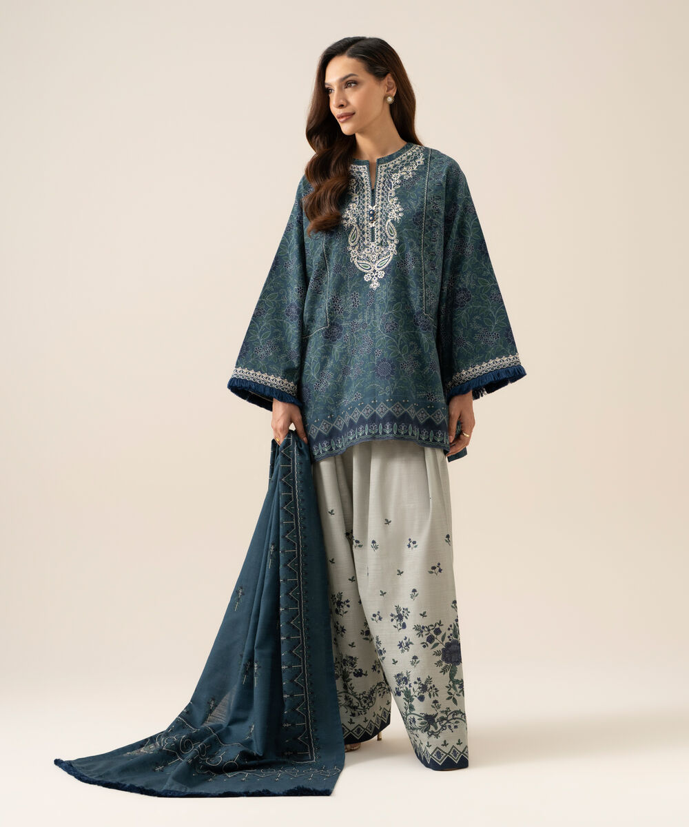 Women's Unstitched Premium Khaddar Printed Blue 3 Piece Suit
