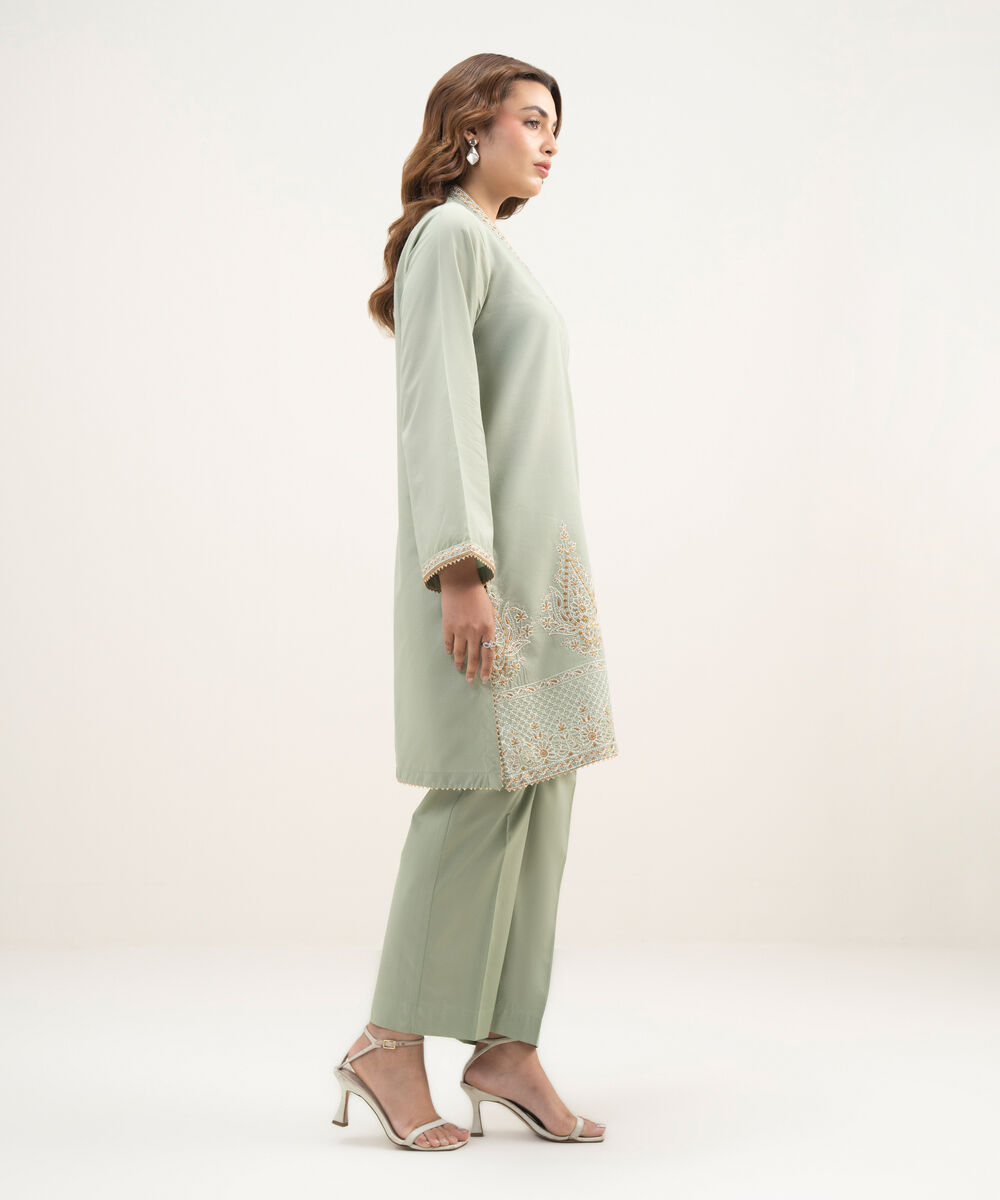 Women's RTW Zari Lawn Embroidered Green A-Line Shirt