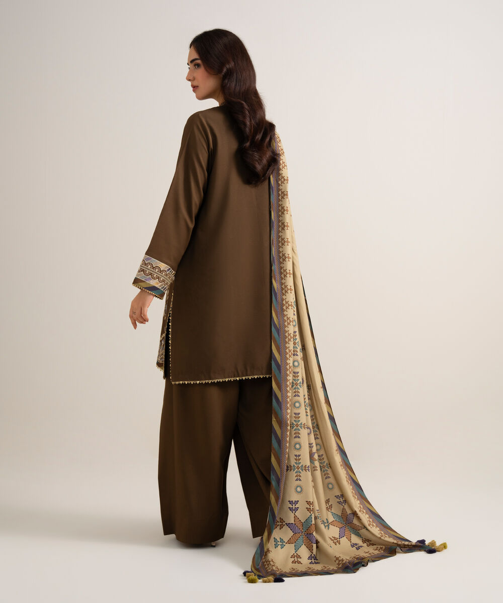 Women's Unstitched Embroidered Linen Brown 3 Piece Suit