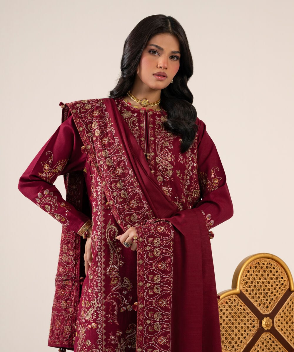 Women's Unstitched Basic Khaddar Embroidered Maroon 3 Piece Suit