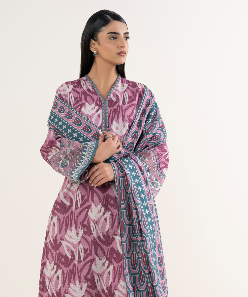 Women's Unstitched Printed Khaddar Pink and Off White 3 Piece Suit