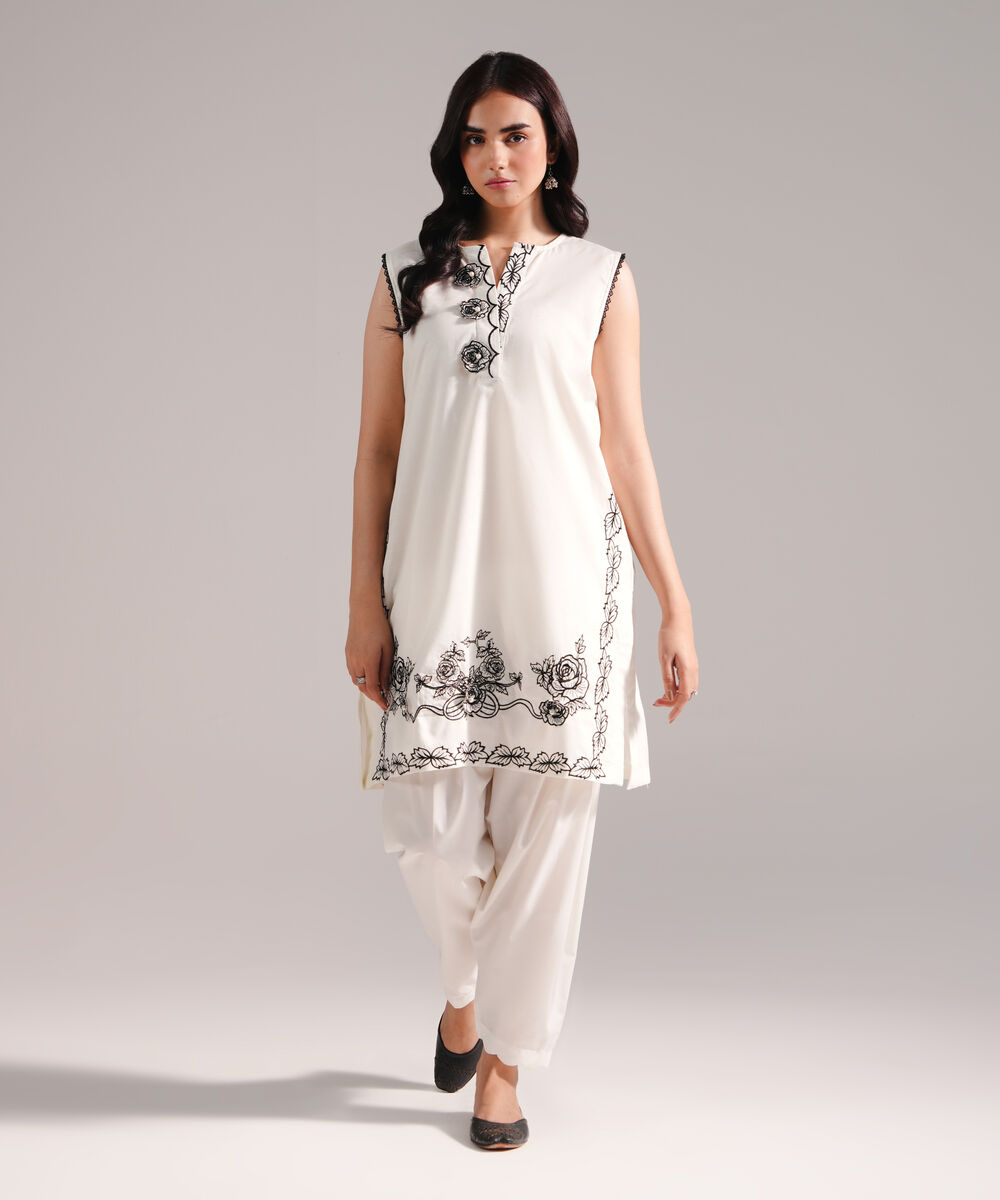 Women's RTW Slub Lawn Embroidered Off White Straight Shirt