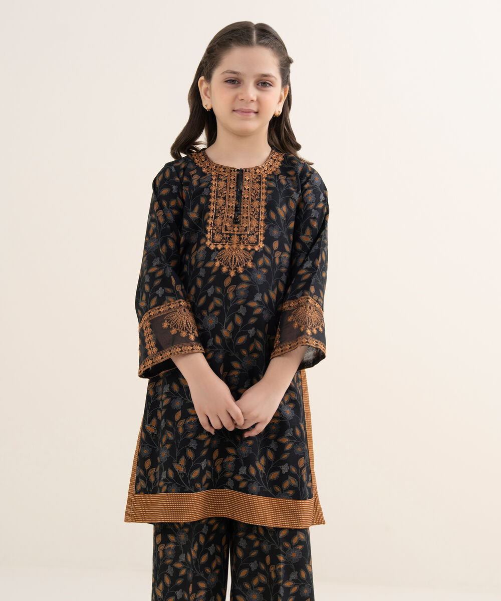 Girl's Herringbone Embroidered Black 2 Piece Set