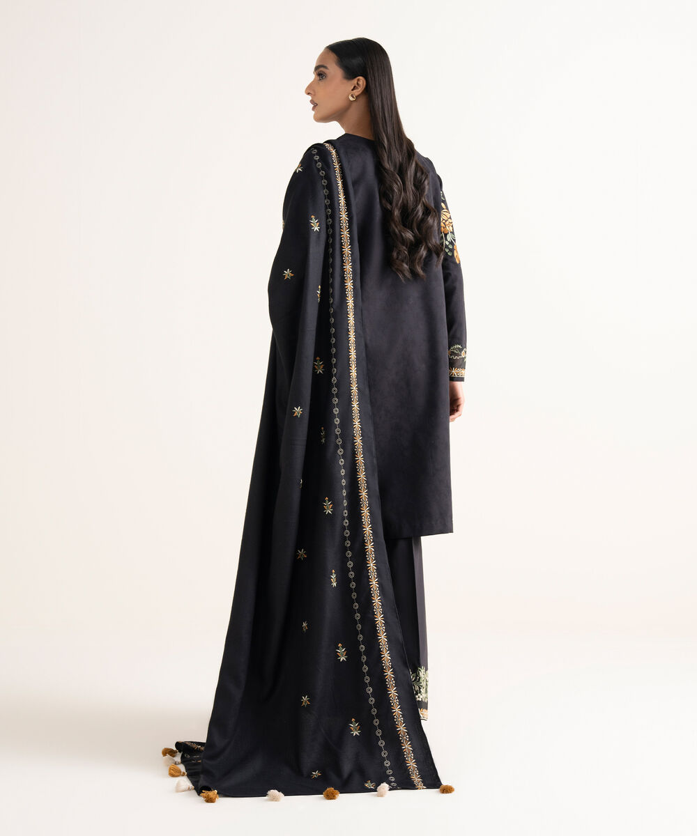 Women's Unstitched Cotton Jacquard Embroidered Black 3 Piece Suit