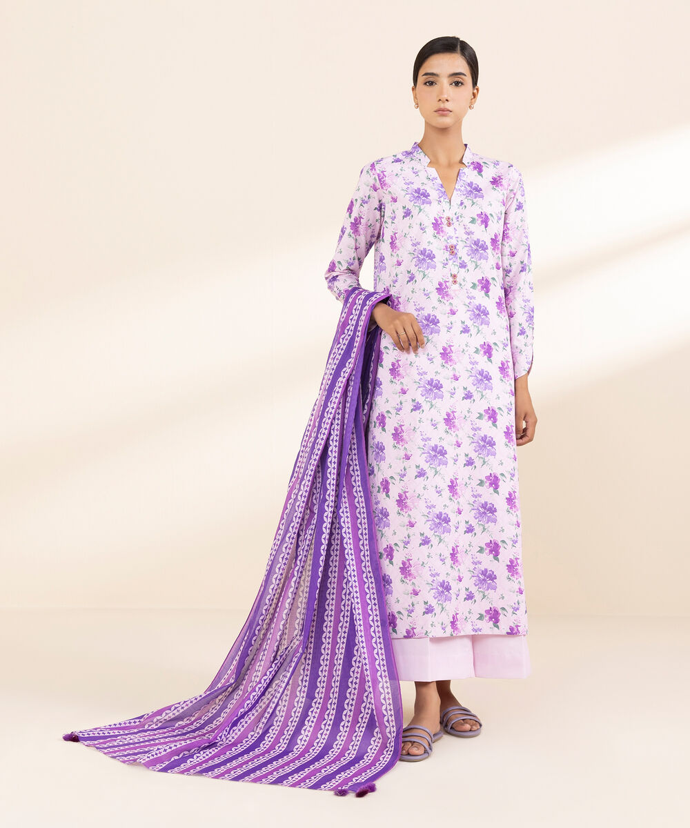 Women's Unstitched Lawn Printed Purple 3 Piece Suit