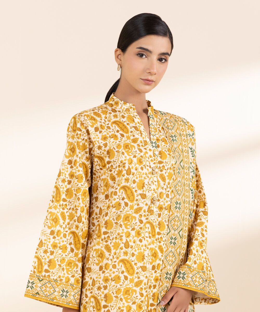 Women's Unstitched Lawn Printed Orange 3 Piece Suit