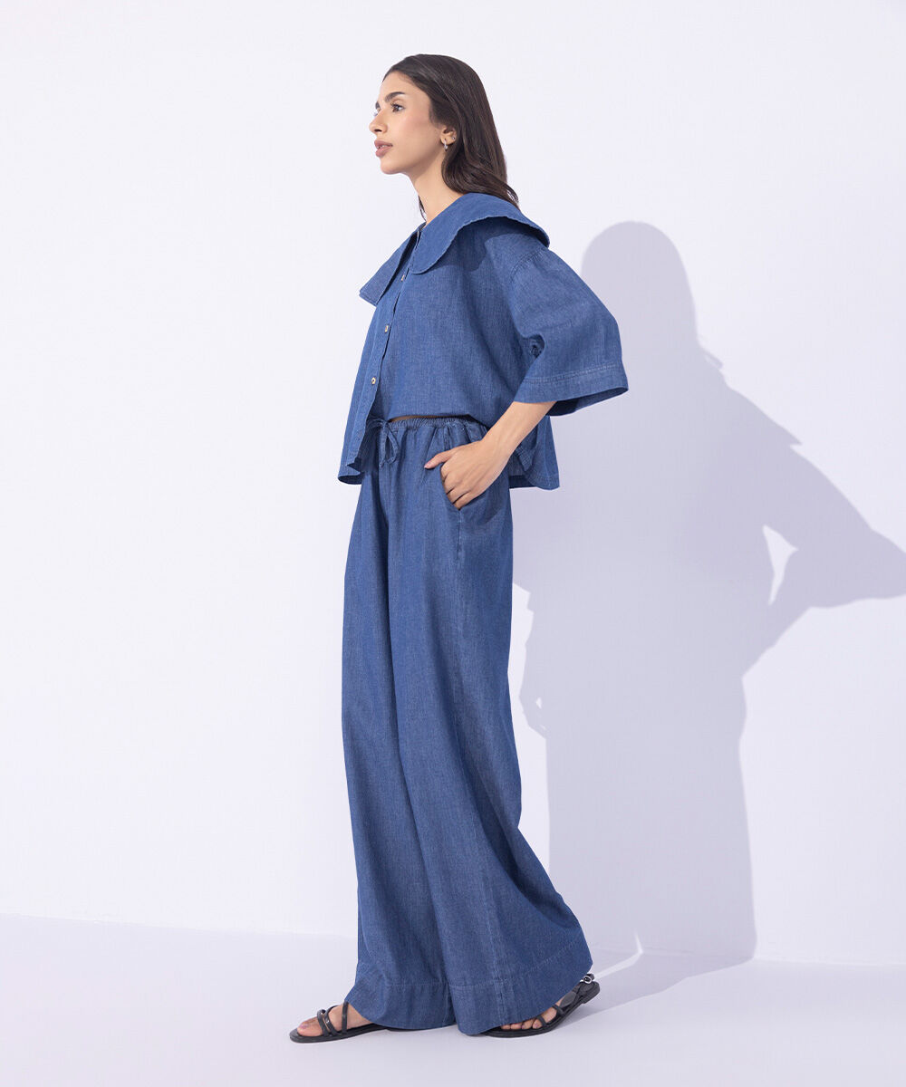 Women's Western Wear Blue Wide-Leg Denim Trousers