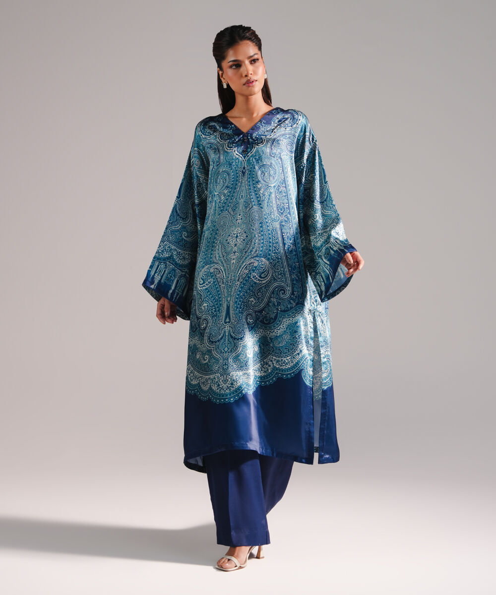 Women's RTW Blended Satin Solid Dark Blue 2 Piece Suit