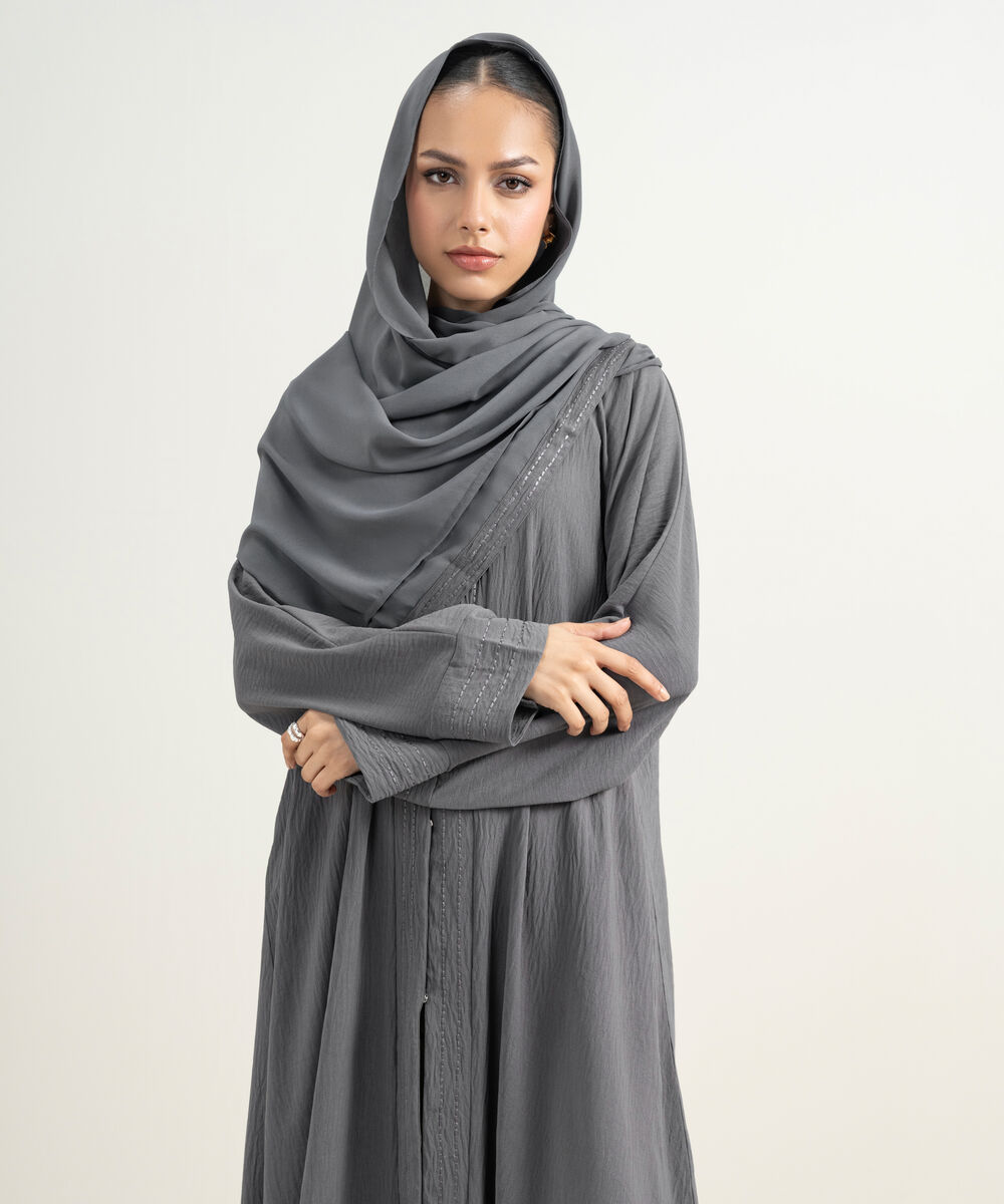 Women's Grey Kimono Embroidered Abaya