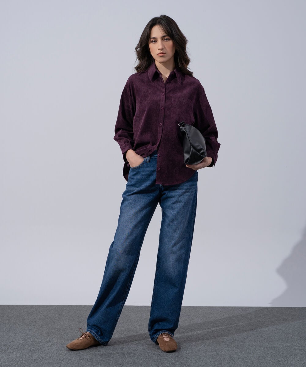 Women's Western Wear Plum Polyester Button Through Corduroy Shirt