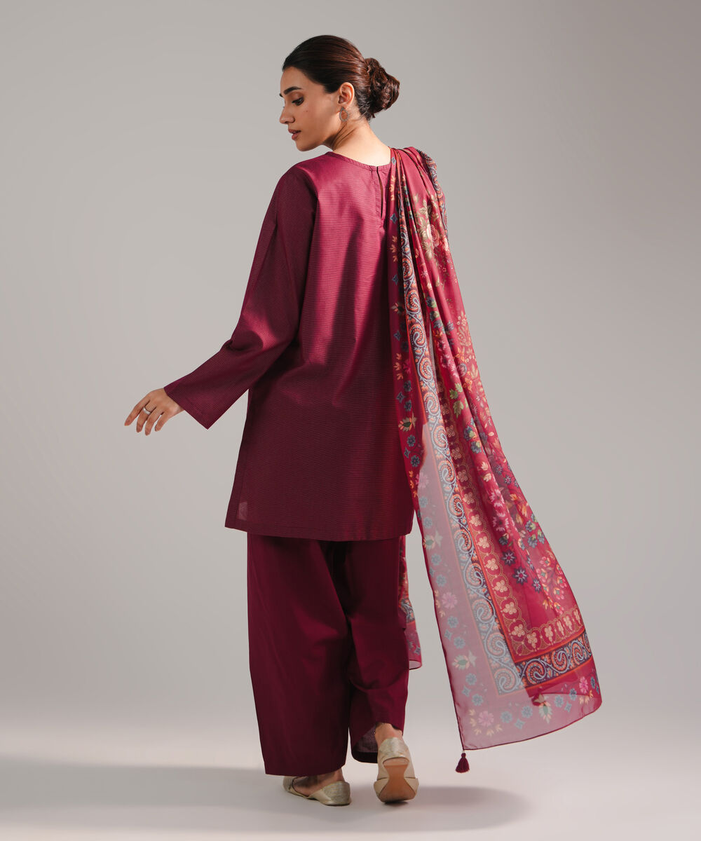 Women's RTW Zari Lawn Embroidered Plum 3 Piece Suit