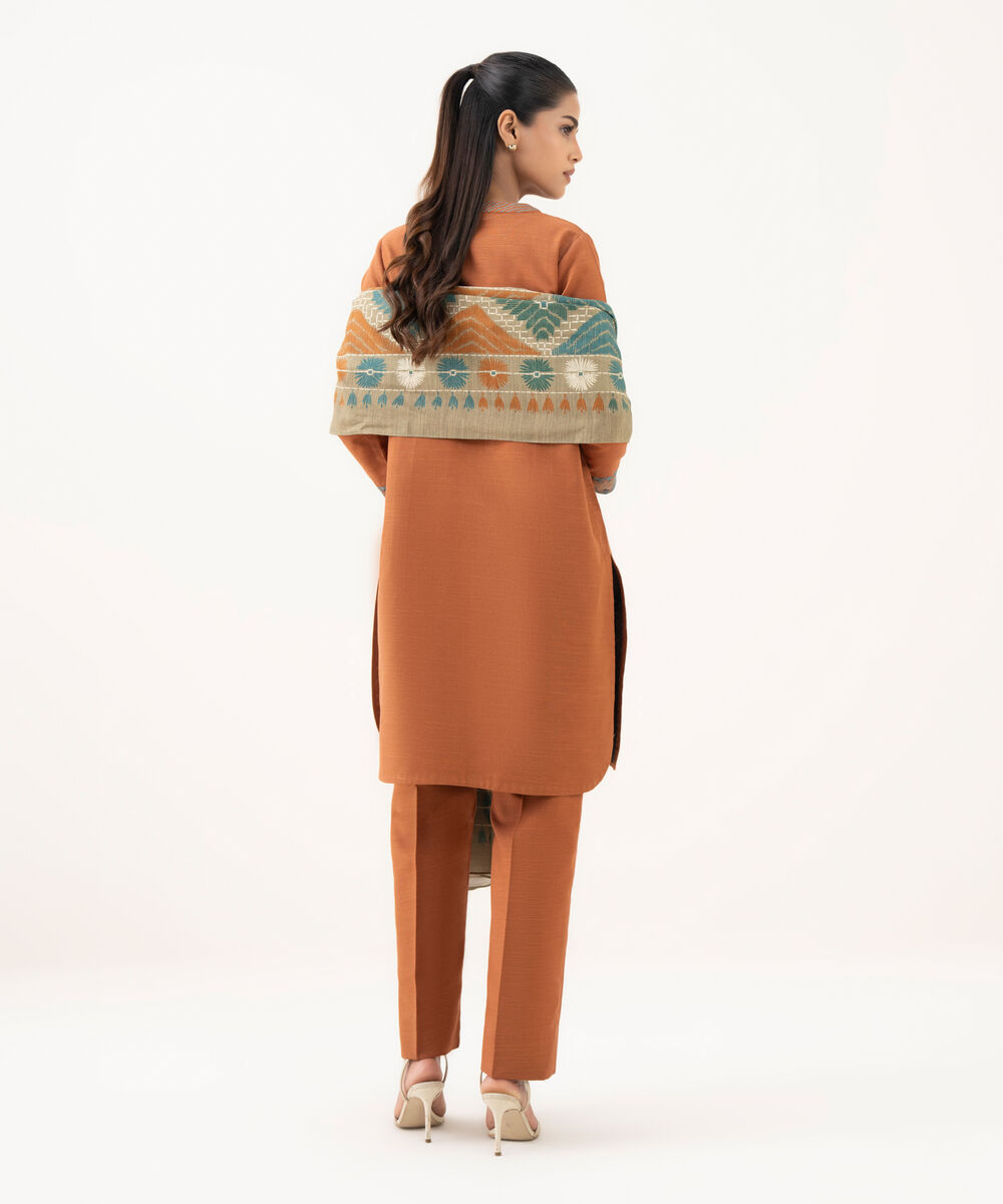 Women's Unstitched Light Khaddar Embroidered Orange 3 Piece Suit