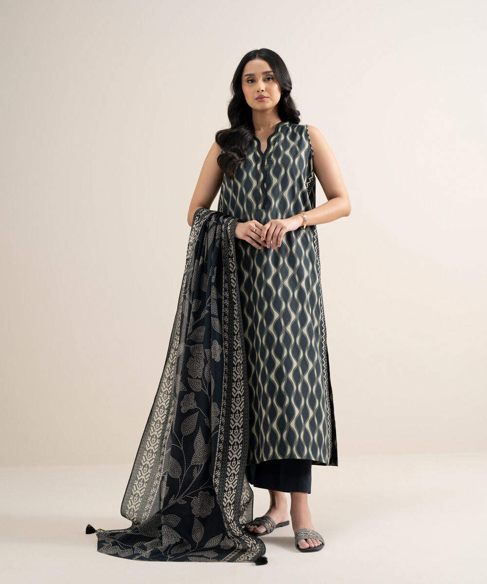 Women's Unstitched Lawn Printed Black 3 Piece Suit