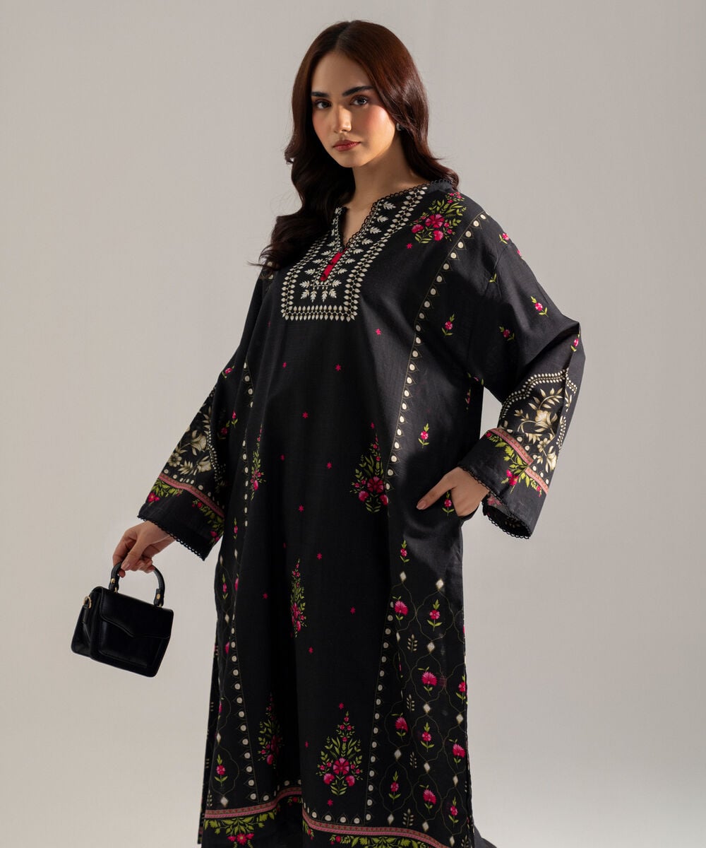 Women's RTW Printed Black Khaddar A-Line Shirt