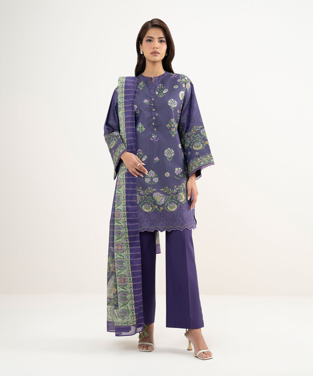 Women's Unstitched Zari Lawn Purple Printed 3 Piece Suit
