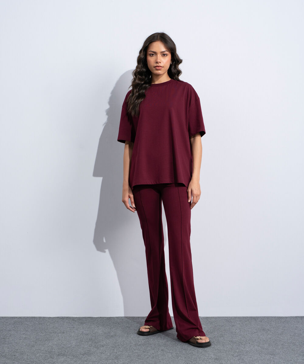 Women's Western Burgundy Stretchy Flared Trousers