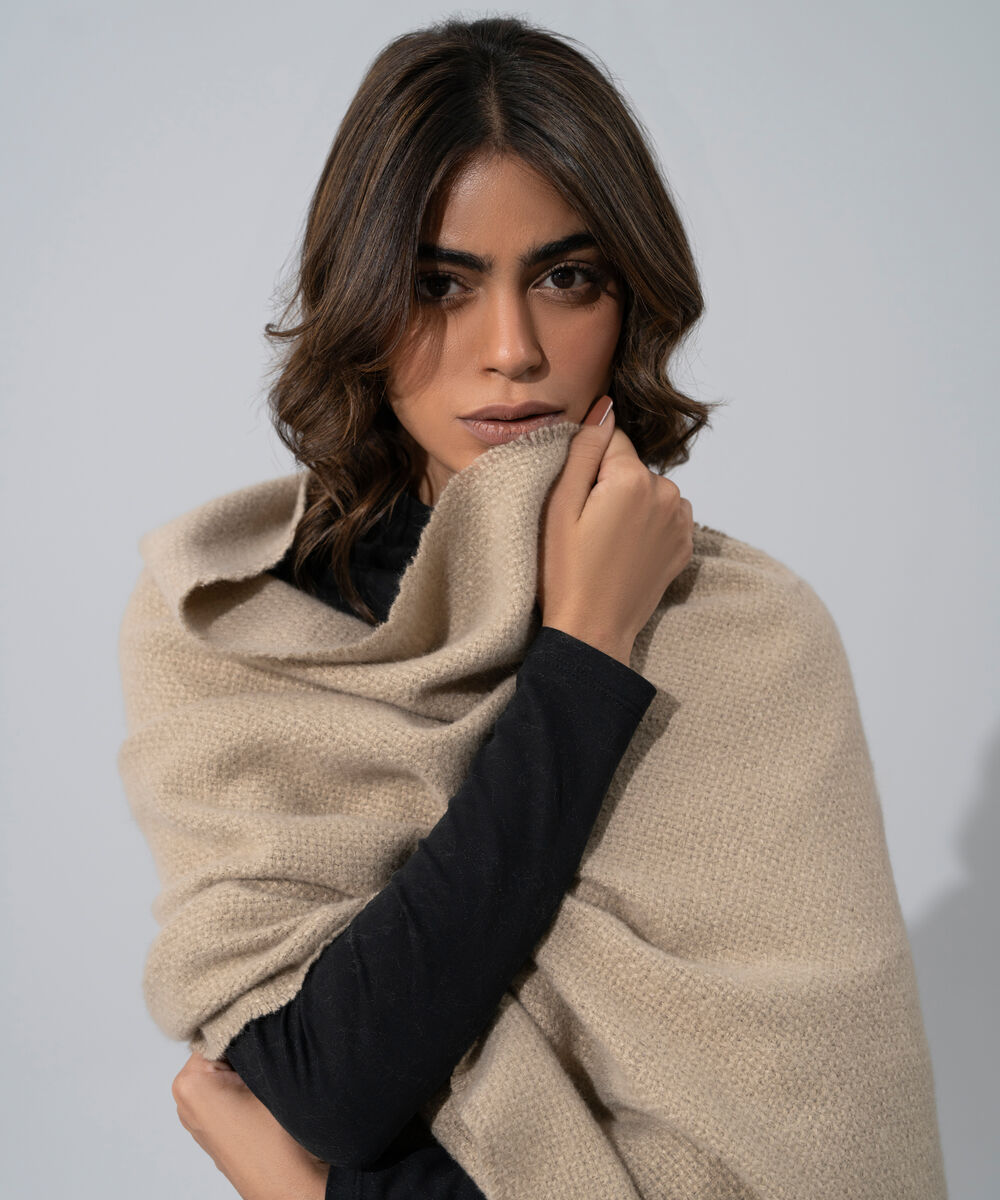 Women's Western Wear Taupe Polyester Plain Woolen Scarf