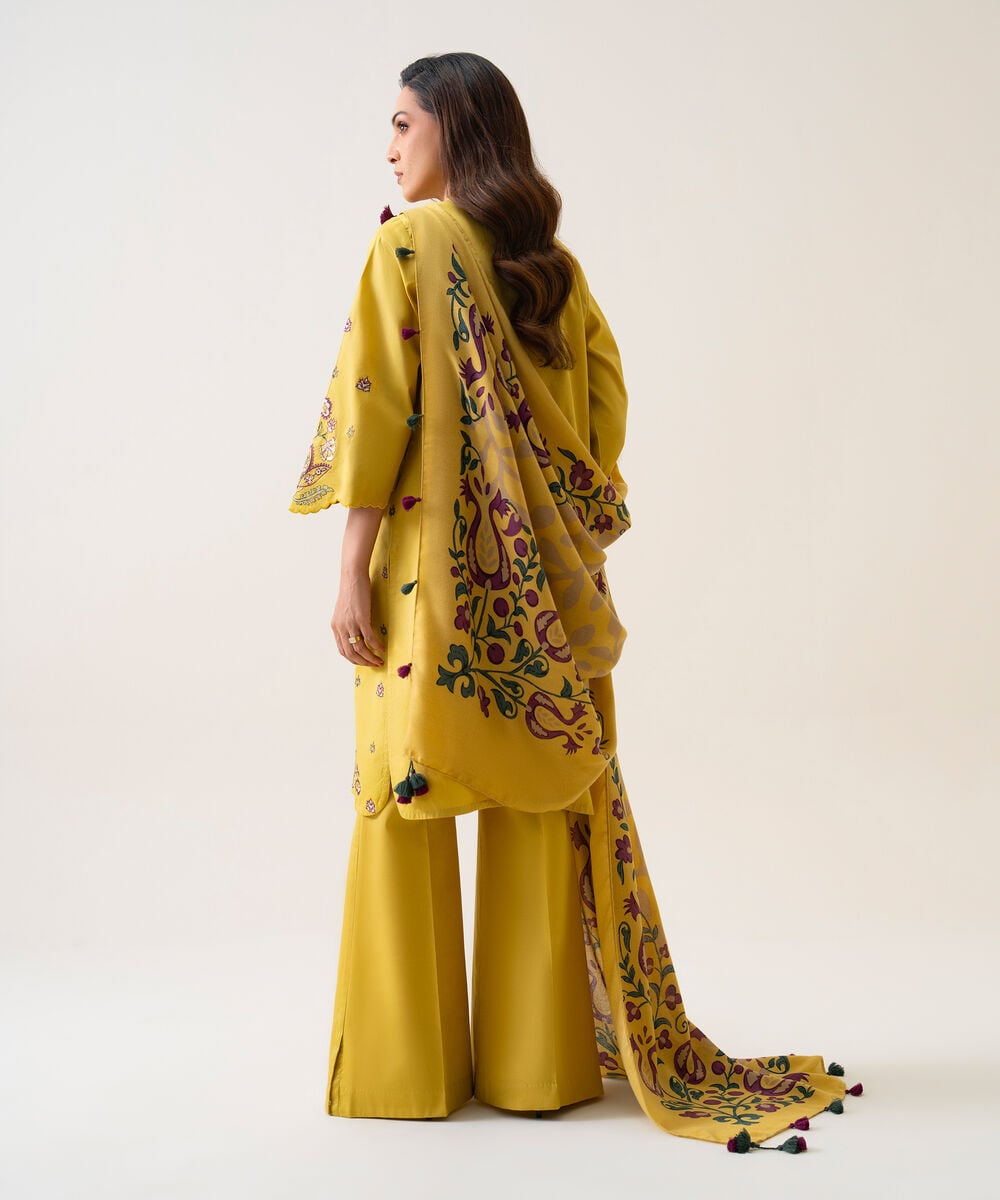 Women's Unstitched Cotton Twill Embroidered Yellow 3 Piece Suit