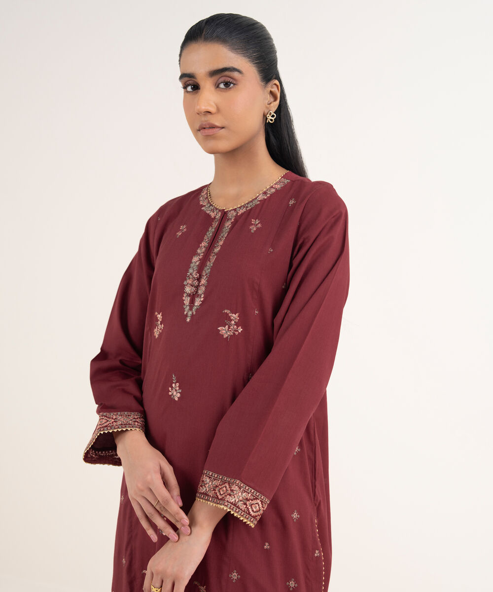 Women's RTW Cotton Viscose Embroidered Red A-Line Shirt