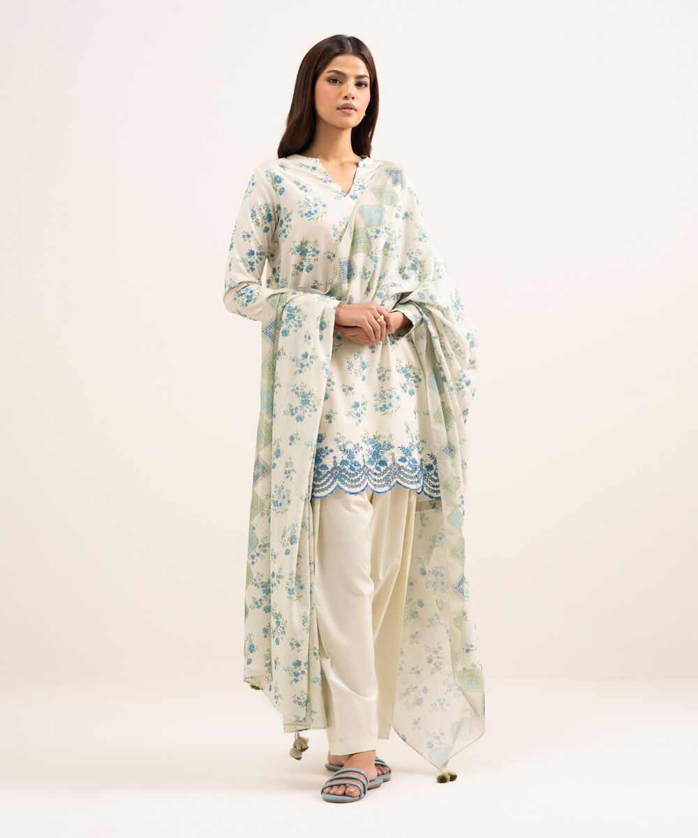 Women's Unstitched Lawn Embroidered Blue 3 Piece Suit