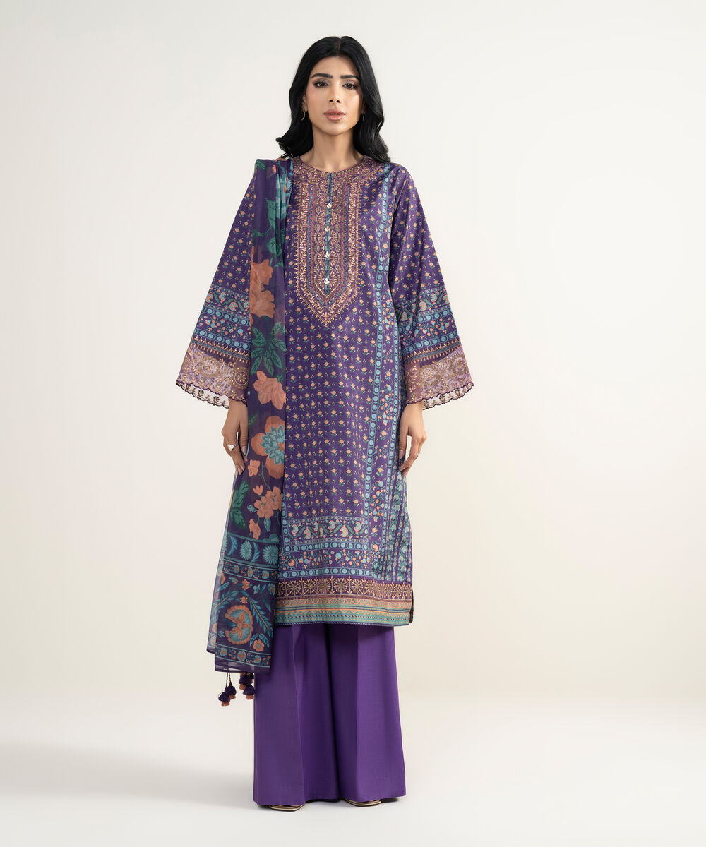 Women's Unstitched Blended Grip Silk Embroidered Purple 3 Piece Suit