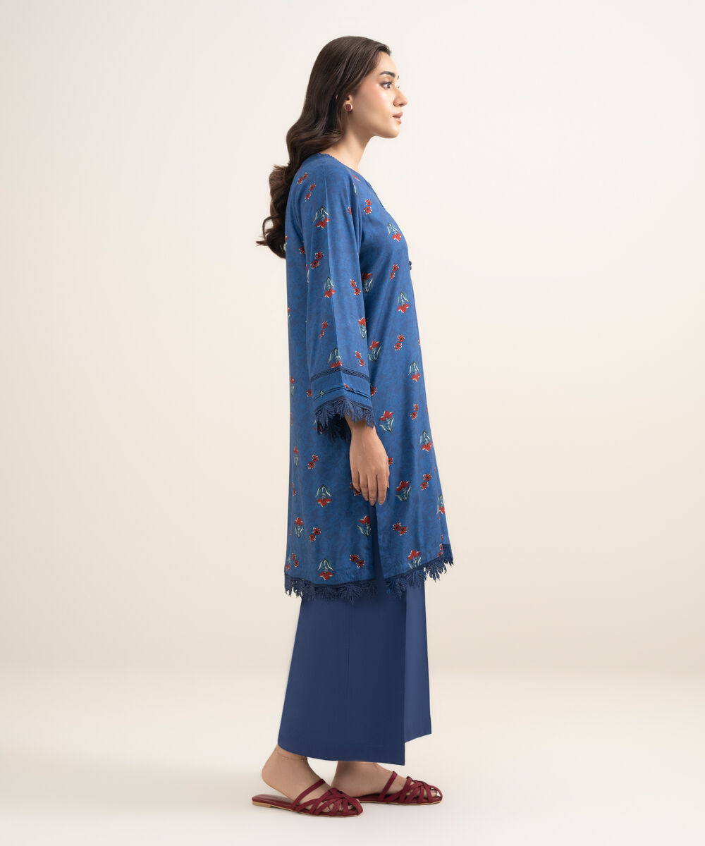 Women's RTW Arabic Lawn Printed Dark Blue Straight Shirt