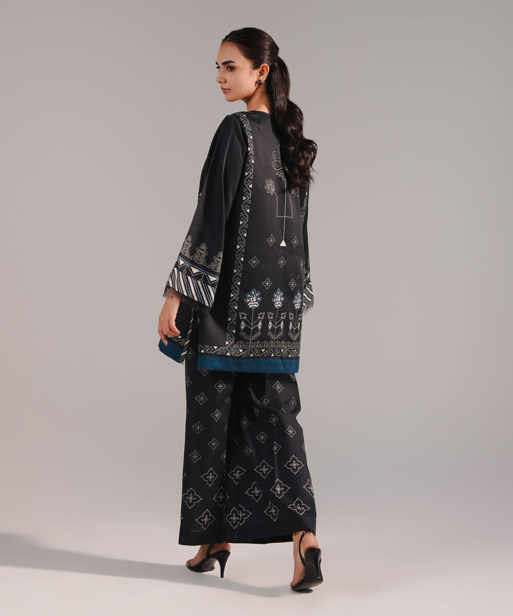 Women's RTW Cotton Satin Printed Black Straight Shirt