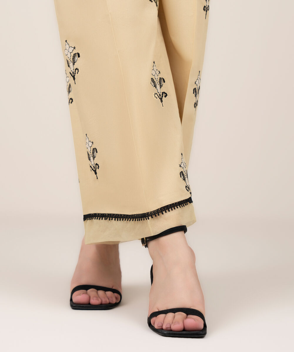 Women's RTW Cotton Embroidered Beige Culottes
