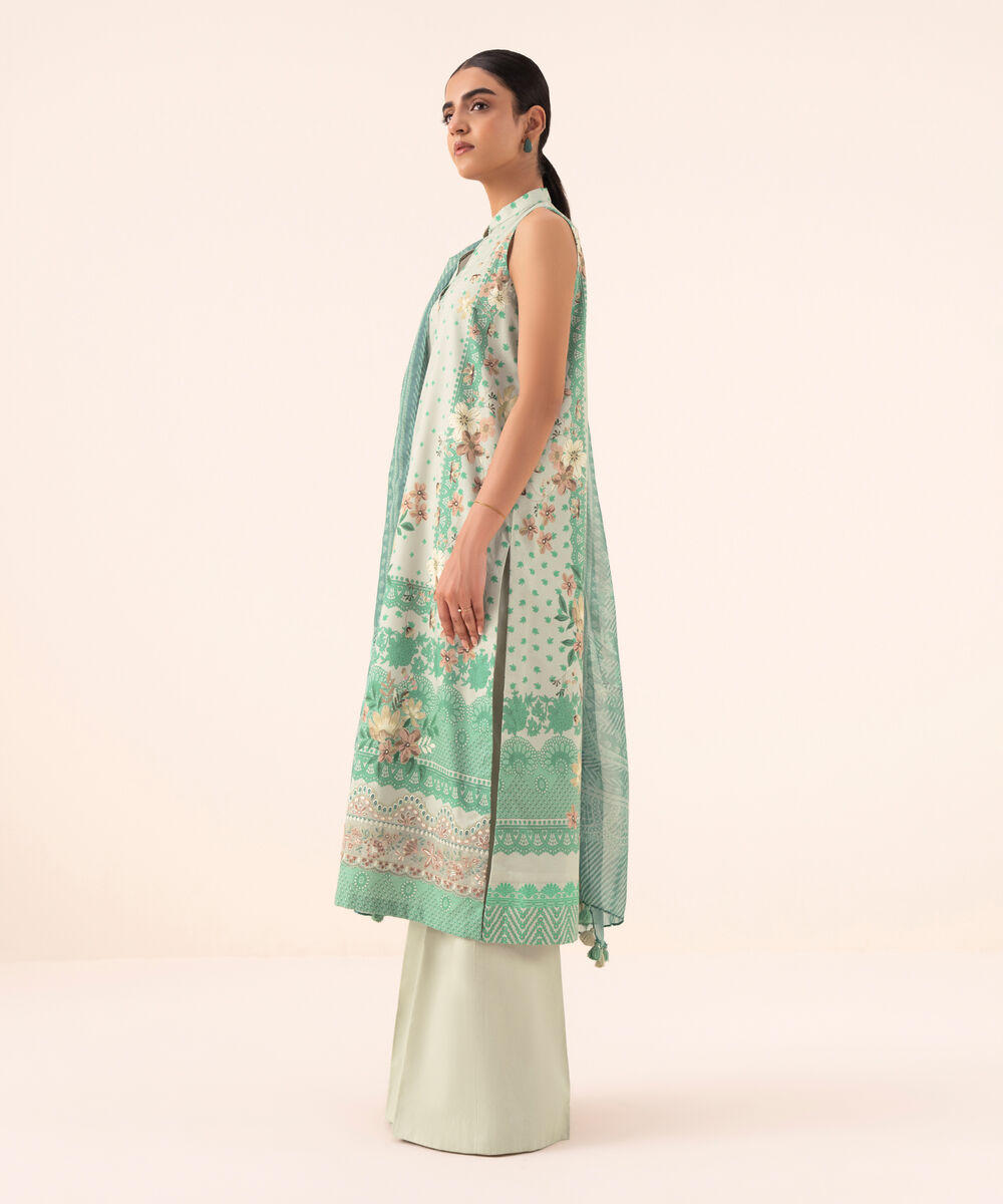 Women's Unstitched Cotton Viscose Embroidered Green 3 Piece Suit