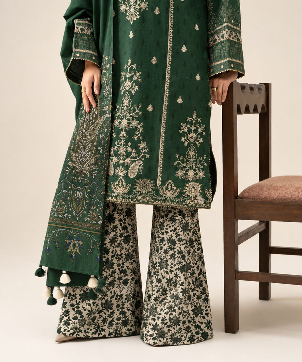 Women's Unstitched Light Khaddar Embroidered Green 3 Piece Suit