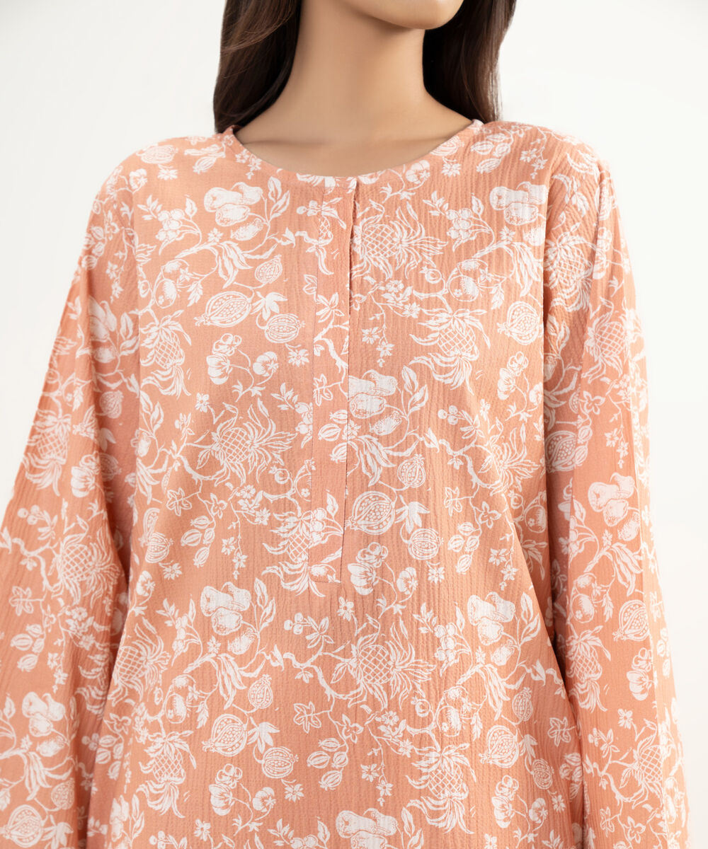 Women's RTW Seersucker Printed Orange Straight Shirt