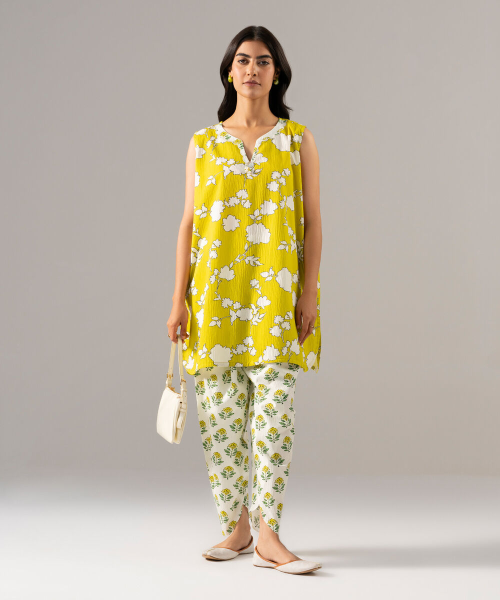 Women's RTW Seersucker Printed Lime Green Straight Shirt