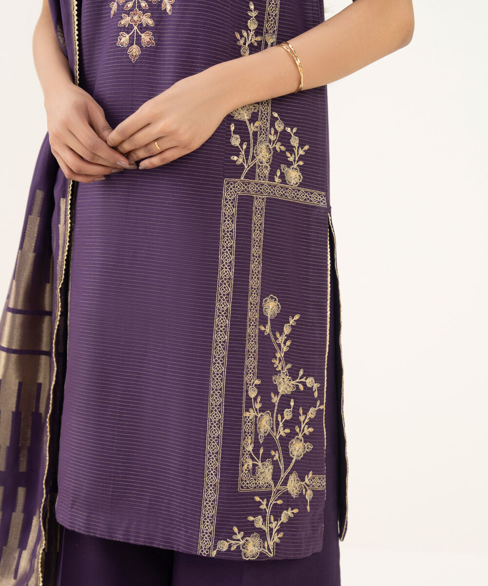 Women's Unstitched Embroidered Zari Khaddar Purple and Off White 3 Piece Suit