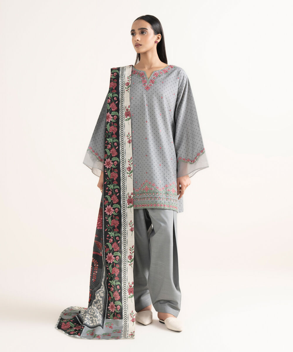 Women's Unstitched Khaddar Embroidered Grey 3 Piece Suit