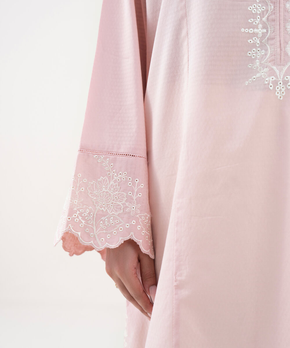 Women's RTW Textured Lawn Pink Embroidered A-Line Shirt