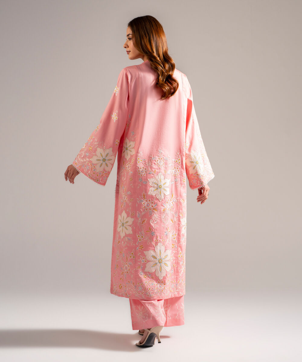 Women's RTW Cotton Satin Embroidered Pink 2 Piece Suit