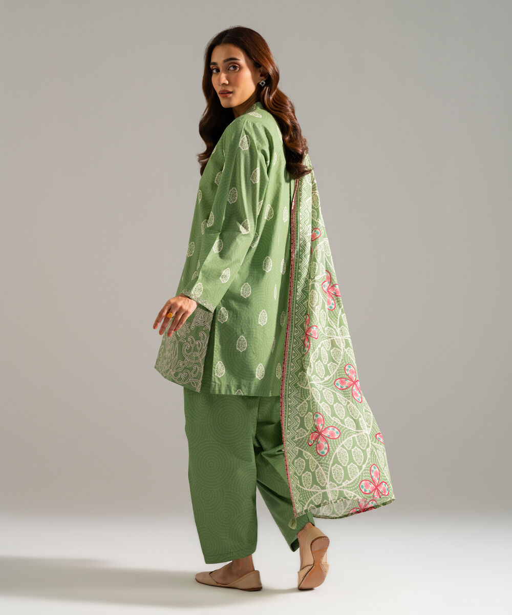 Women's RTW Cambric Embroidered Green 3 Piece Suit