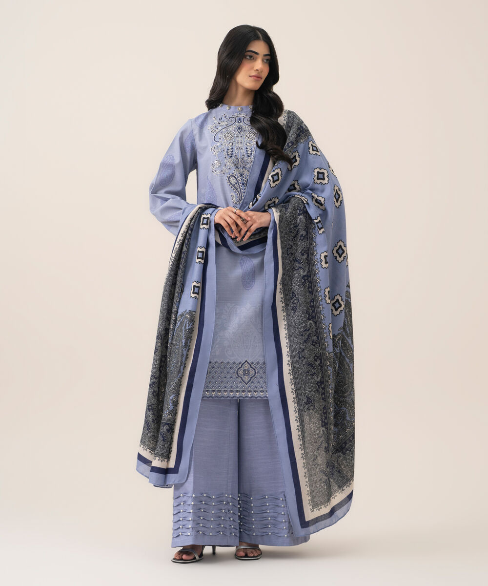 Women's Unstitched Premium Khaddar Printed Lilac 3 Piece Suit