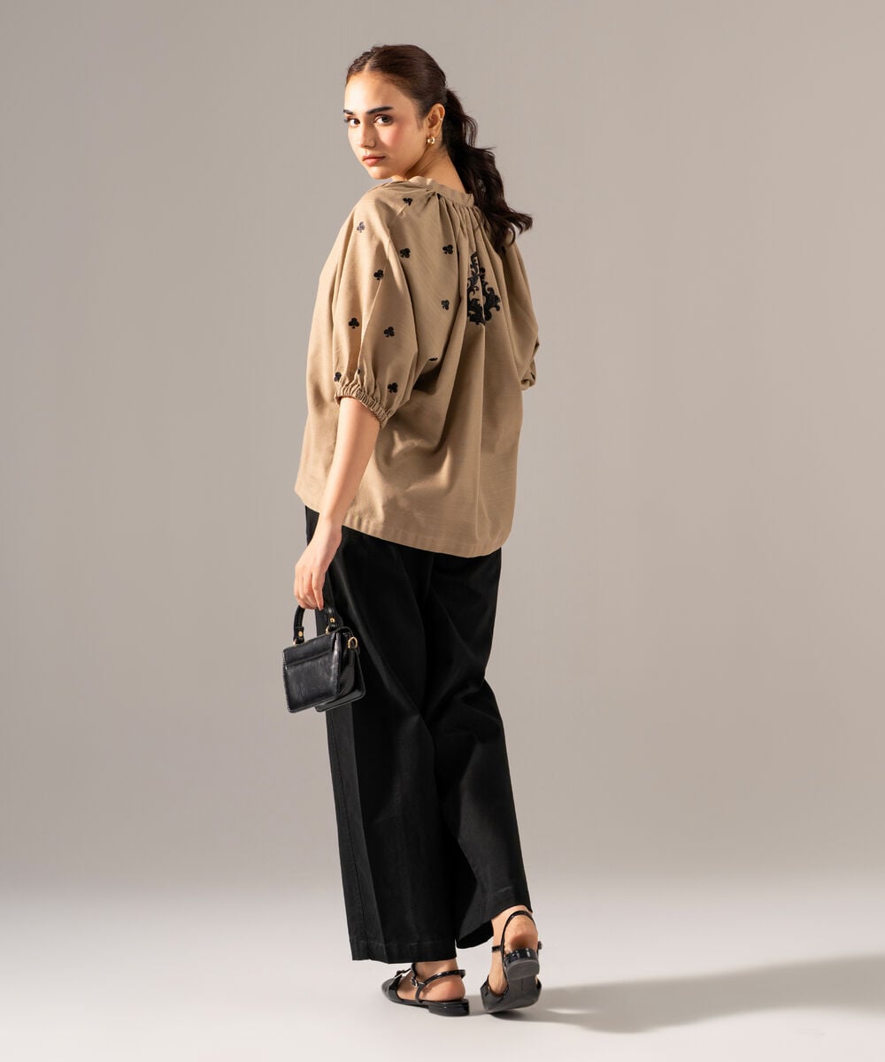 Women's RTW Khaddar Solid Embroidered Dark Beige Drop Shoulder Shirt