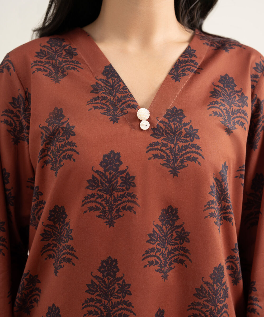 Women's RTW Lawn Printed Brown Straight Shirt